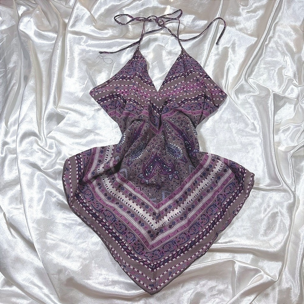 y2k Halter Top Purple Excellent Band of Gypsies Paisley Handkerchief Hem Cotton